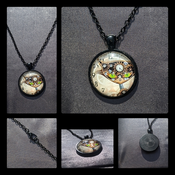 5/$25 Steampunk cat or b&w ying yang gears resin glass pendant necklace new - Picture 3 of 6